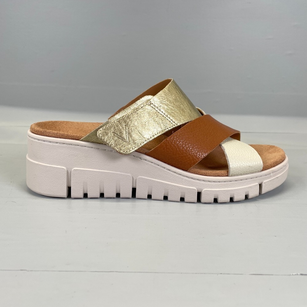 Vionic Uptown Sunset Wedge Sandals Womens Size 6.5 Gold Brown Leather Shoes